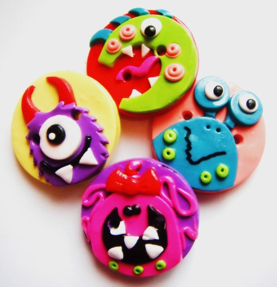 Items similar to Button Little Monsters handmade polymer clay buttons ...