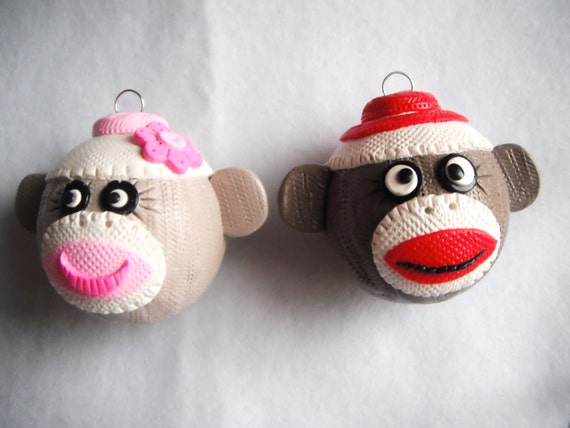 Christmas Ornament Sockmonkeys hamdmade polymer clay ornament