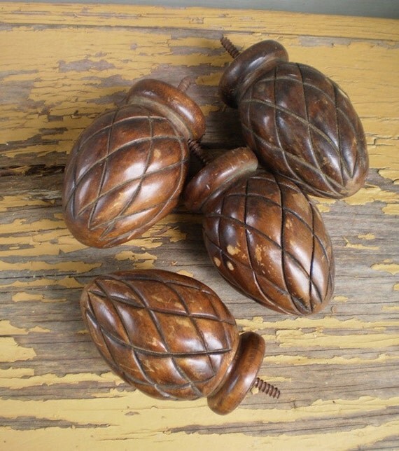 Vintage Carved Wood Finials Set of Four Pineapple