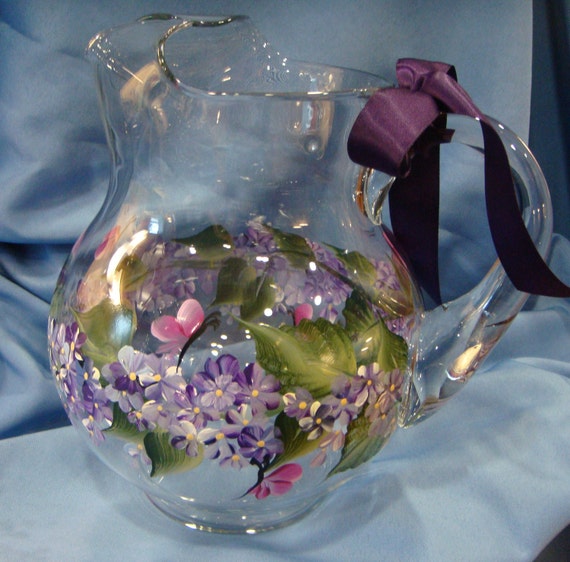 Hand Painted Glass Pitcher with Purple Blue Flowers