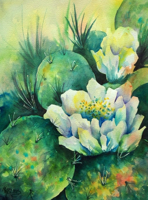 Watercolor of Southwest Cactus with White Flowers Original