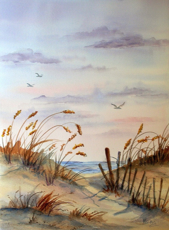 Watercolor of Beach Seascape Birds Flying by Colorado Artist