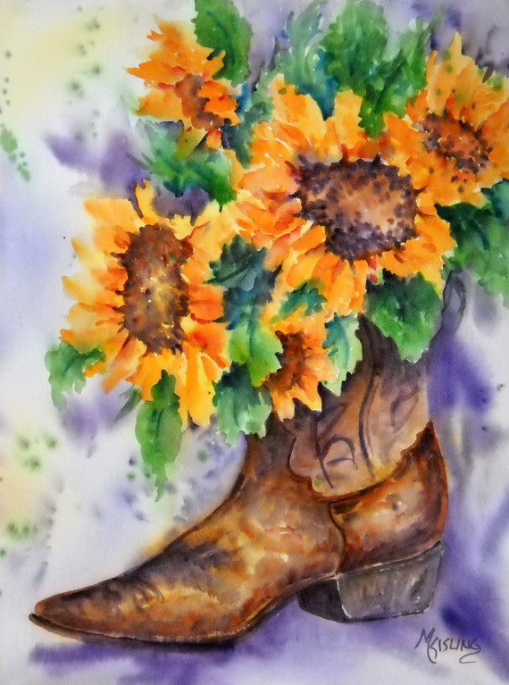 Watercolor of Cowboy Boot and Sunflowers Original Martha