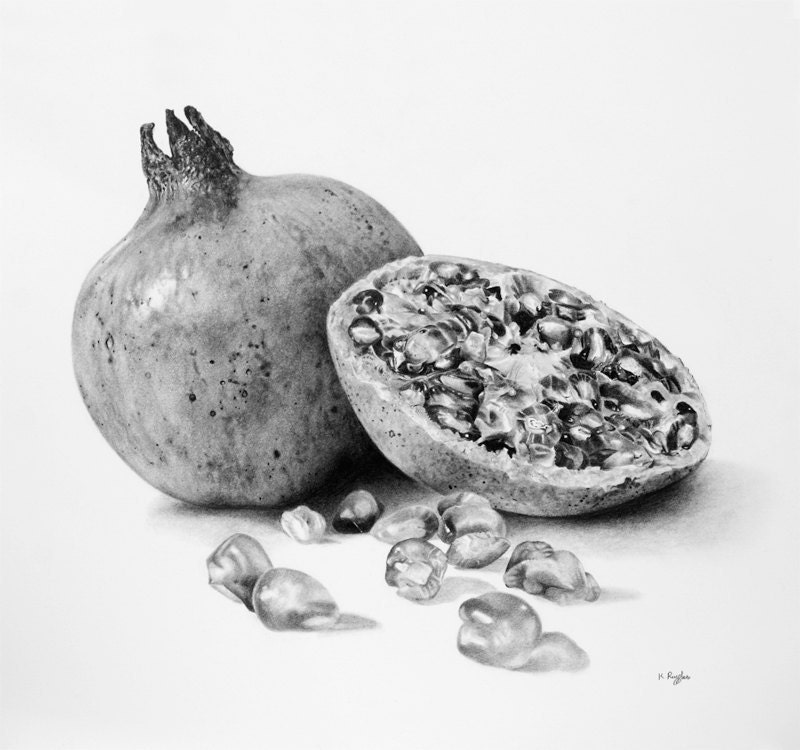  Pomegranate original charcoal drawing fruit