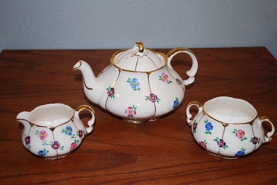 Flowered Teapot with Sugar and Creamer by Stapestreasuretrove