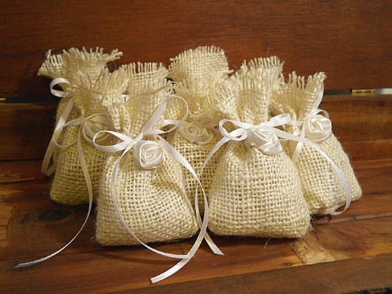 Set of 10 Wedding Rice Favor Bags handmade of bleached burlap