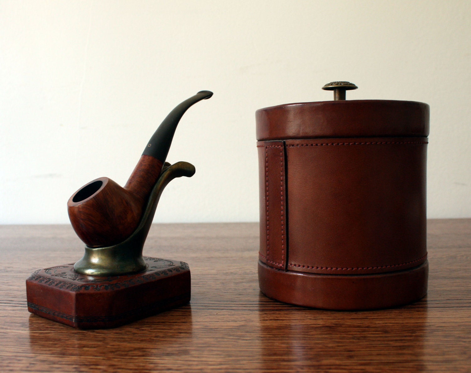Vintage Italian Leather Pipe Stand and Humidor
