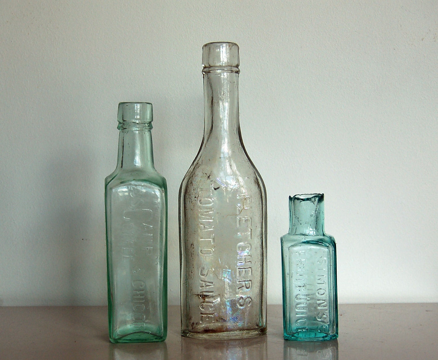 Antique Glass Bottles Vintage Set of Three Aqua British