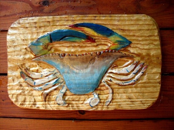 Blue Crab Plaque 23 chainsaw carving relief low by oceanarts10