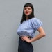 BLUE GINGHAM Puff Sleeve Cropped Peasant Top, m