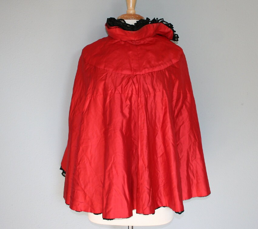 VICTORIAN Ruffle CAPE / Sheer Black Lace Ruffles with Red