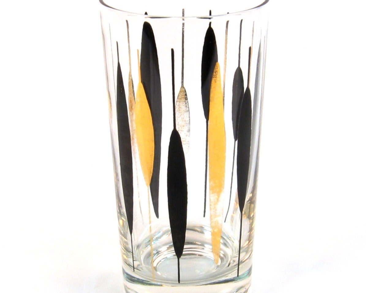 Vintage Atomic Tom Collins Glasses Set of Six Gold and Black