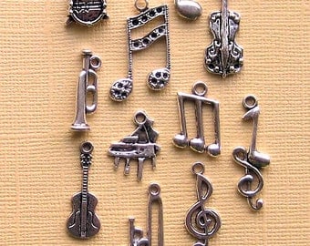 Music Charm Collection Antique Silver Tone 11 Different Charms - COL013