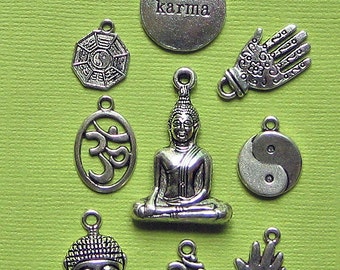 Buddha Charm Collection Antique Silver Tone 9 Different Charms - COL093