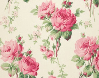 Barefoot Roses Tanya Whelan Stemmed Flowers in White Shabby Chic Cotton Quilt fabric One Yard