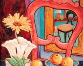 Original Painting Gerber Daisy In McCoy Vase With Coral Chair Original Painting Gerber Daisy In McCoy Vase With Coral Chair