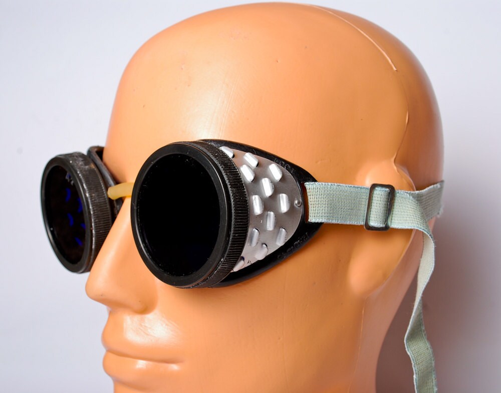 Vintage Safety Glasses Industrial Goggles Blue Lenses