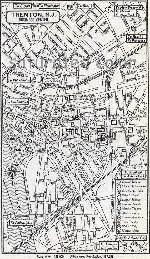 Trenton New Jersey NJ Map Vintage 1950s Original Heart of