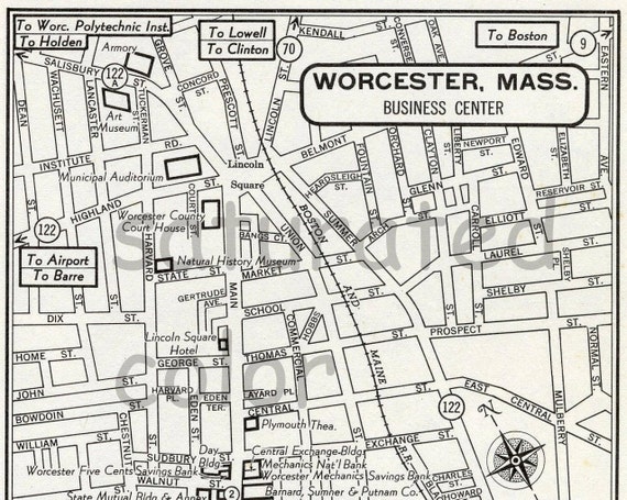 Worcester Massachusetts MA Map Vintage 1950s Original Heart