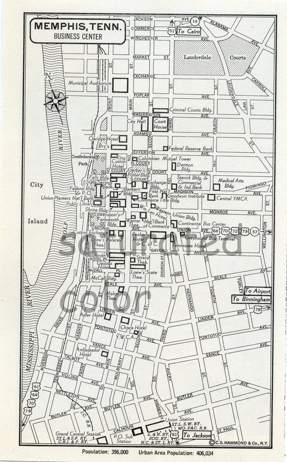 Memphis Tennessee TN Map Vintage 1950s Original by SaturatedColor