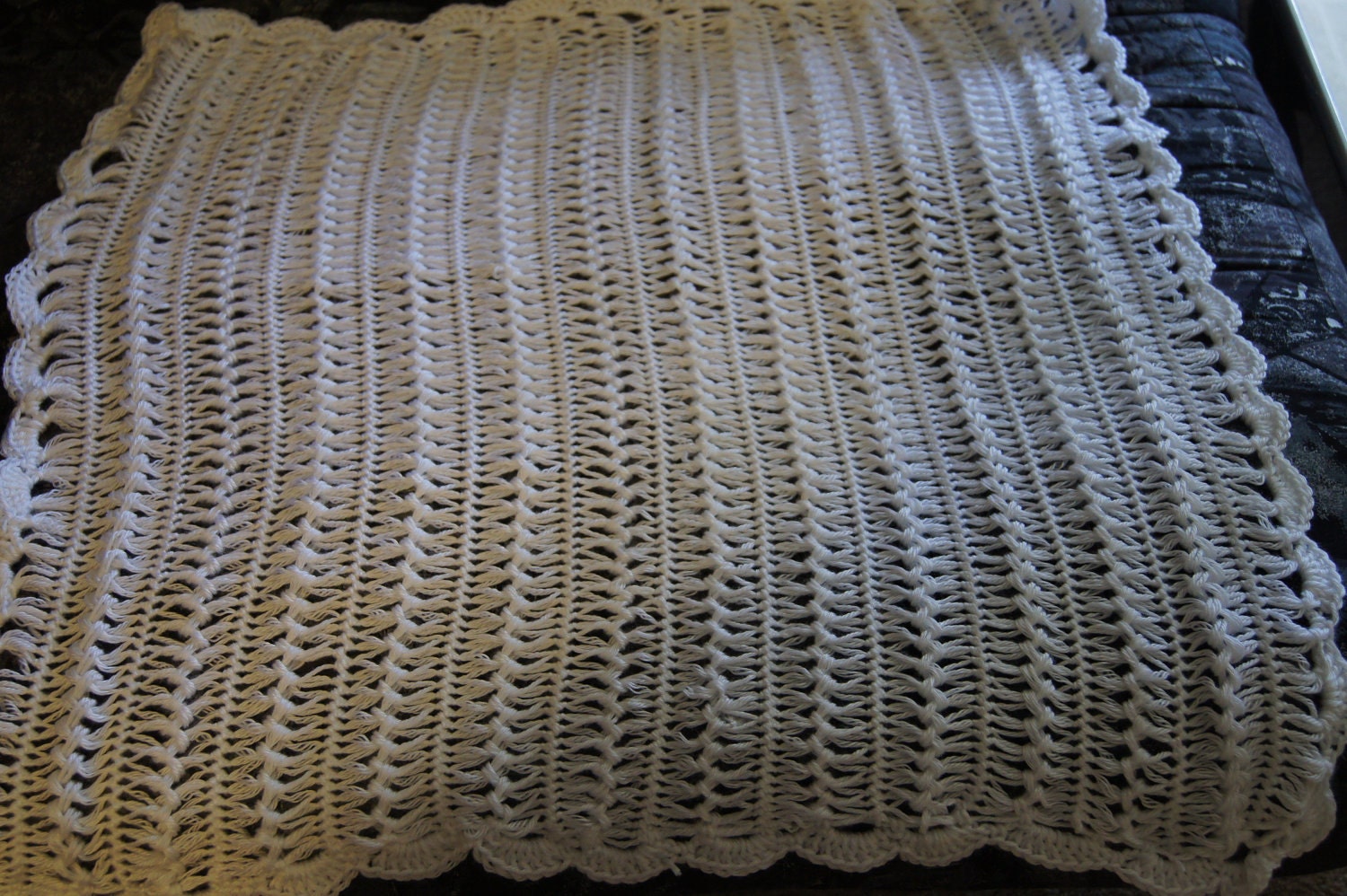 Hand Made Hairpin Lace Crochet Baby Blanket . White