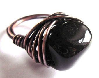 Black Onyx Nugget Antiqued Brass Wire Wrapped Ring Fashion Jewelry