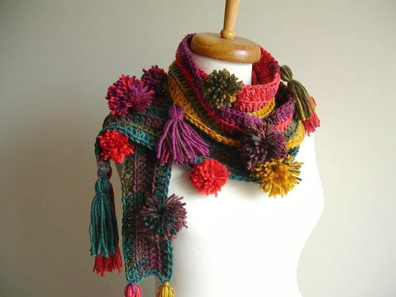 Items similar to Made To Order Long Scarf With pompoms and Fringes ...