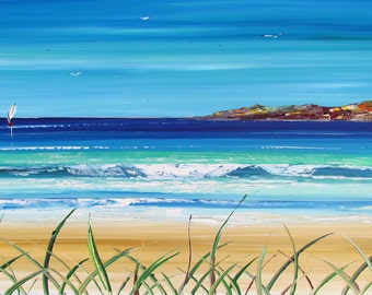 French Beach - Original Painting - Original Art - Seascape art - unique artwork - home decor - sand - seascape - aqua - blue - art