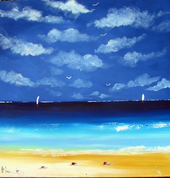 Seascape beach painting acrylic on canvas artwork blue