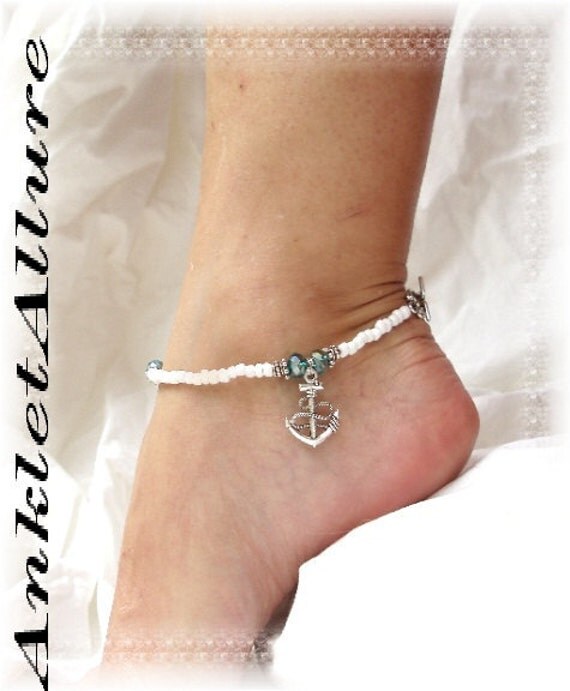 Silver Anchor Charm Anklet Nautical Ankle Bracelet Aqua