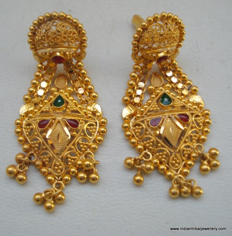 ethnic 20k gold earrings handmade jewelry by indiantribaljewelry
