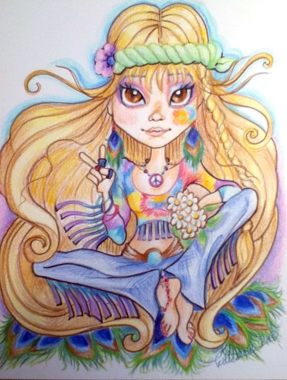 Hippie Chick Big Eye Fantasy Art Print 8.5 x 11 (570 x 755 Pixel)