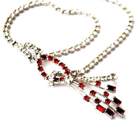 Ruby Necklace: Vintage Red Rhinestone Spray Choker Necklace