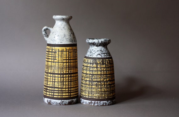 Mid Century Modern German Pottery Vase Set Gray And Yellow