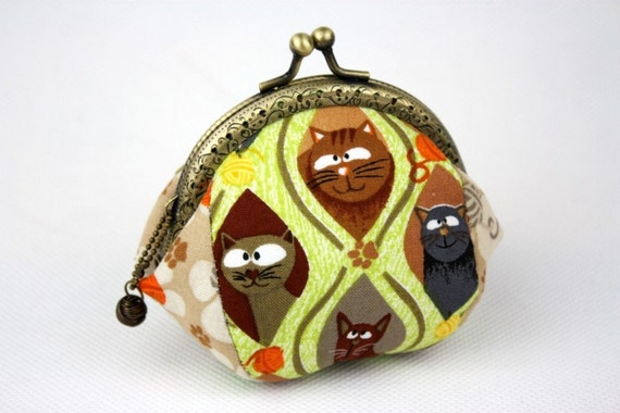 Coin Purse Meow. Cats and Yarn Cotton Fabric with Metal