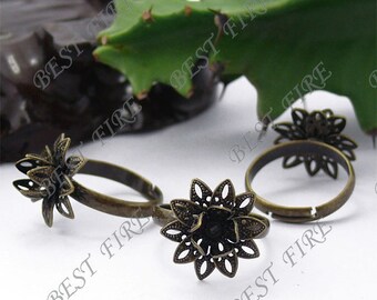 10pcs of Adjustable Antique Brass Flower Ring Base