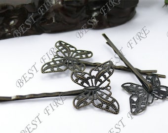 20pcs of Antique Bronze bobby pins butterfly filigree pad 63 mm