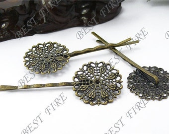 20pcs of Antique Brass bobby pins Round filigree pad 64 mm