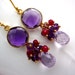 Purple Amethyst Gold Fill Bevel, Ruby and Amethyst Cluster, Lavender Teardrop Amethyst Earrings on Gold Vermeil Hooks. OOAK