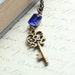 Skeleton Key Necklace, Sapphire Blue Glass, Vintage Rhinestone, Patina Brass, Estate Style Jewelry