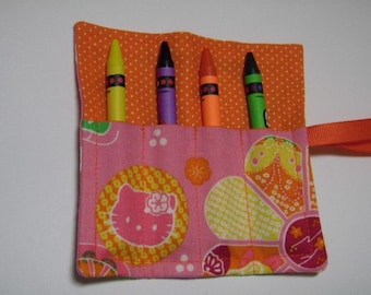 Mini Crayon Keeper Roll Up Holder 4 Count Party Favor - Retro Kitty Fabric