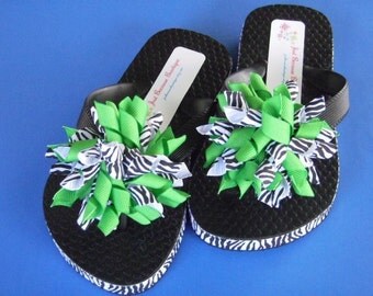 Zebra Print & Lime Green Flip Flops - Korker Bows...Youth Sizes...