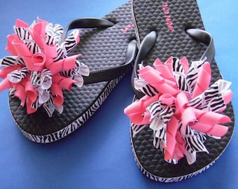 Zebra Print & Hot Pink Flip Flops - Korker Bows...Youth Sizes...