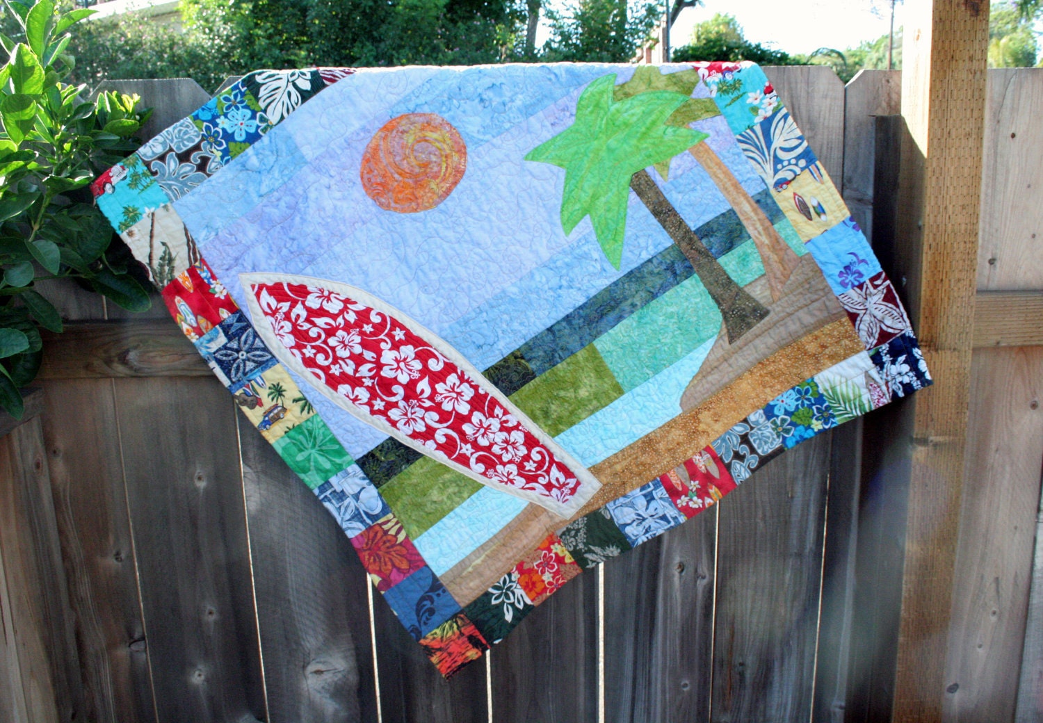 Boys Surfboard and Palm Trees Baby Quilt approx.