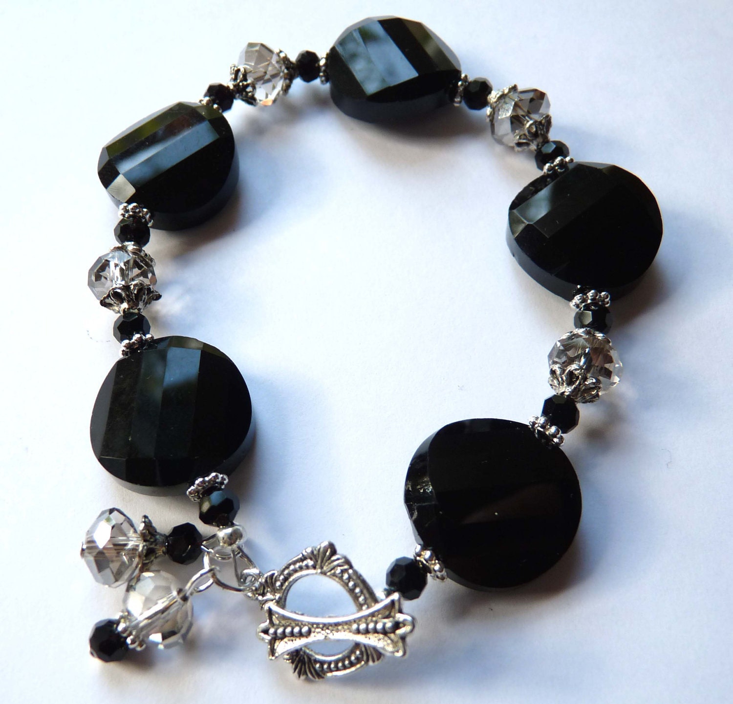 Black Beaded Bracelet Crystal Faceted Glass Black Jewelry