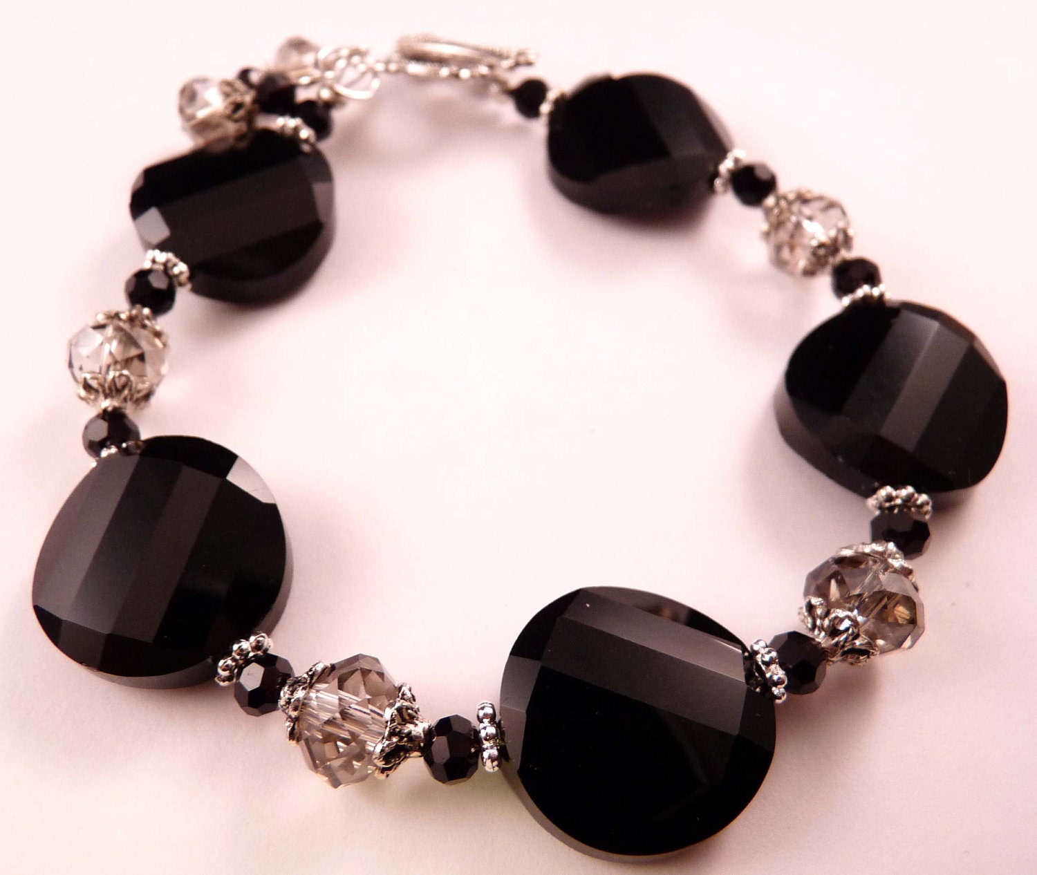 Black Beaded Bracelet Crystal Faceted Glass Black Jewelry