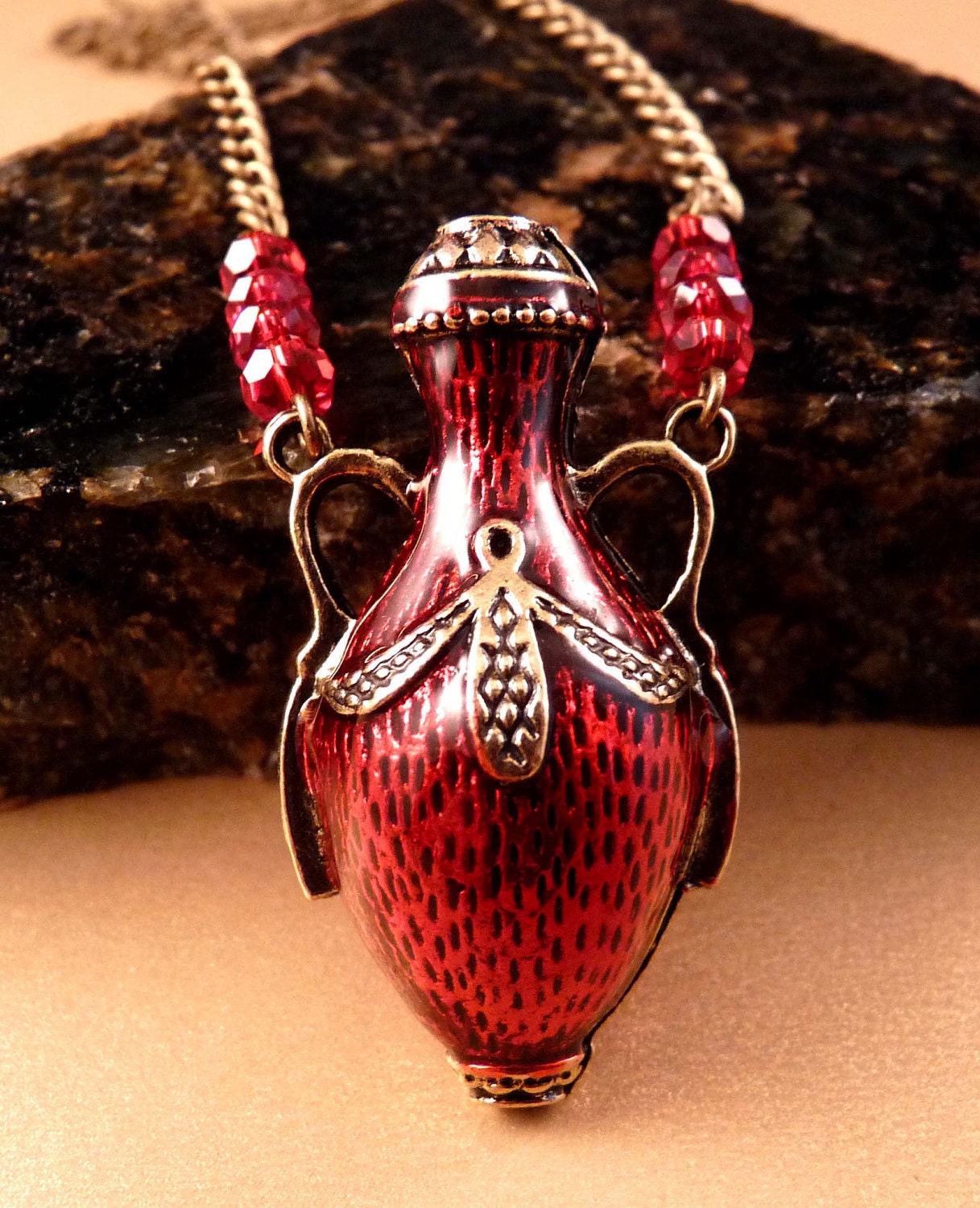 Brass Necklace Enamel Necklace Red Vase Brass Jewelry Enamel