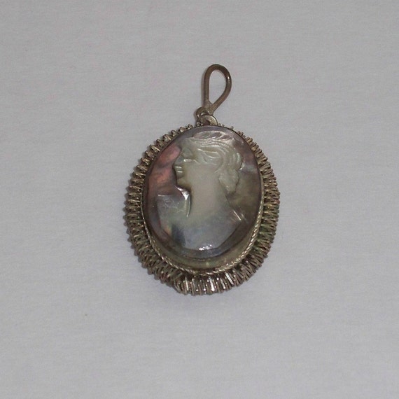 Vintage 1900s Cameo Pendant Carved Mother of Pearl Silver