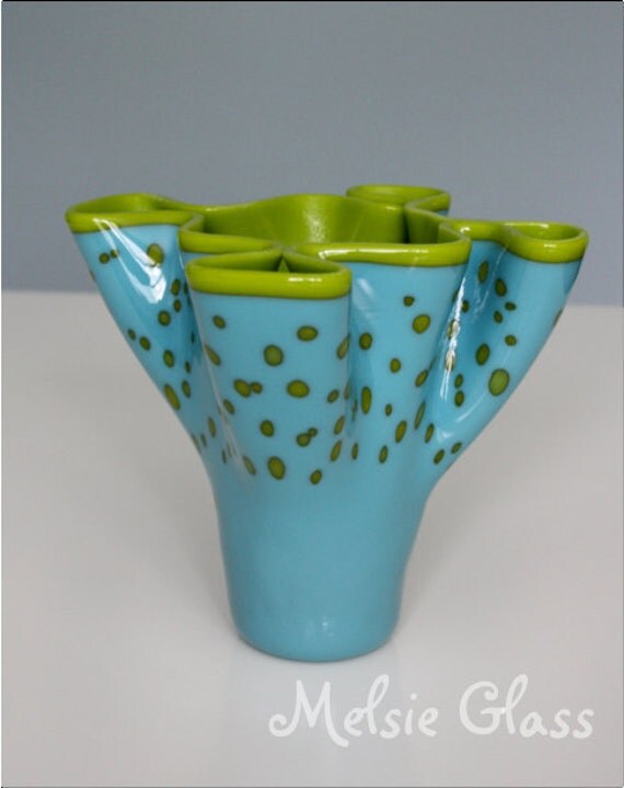 Freckled Dinosaur Vase, opaque turquoise and green glass