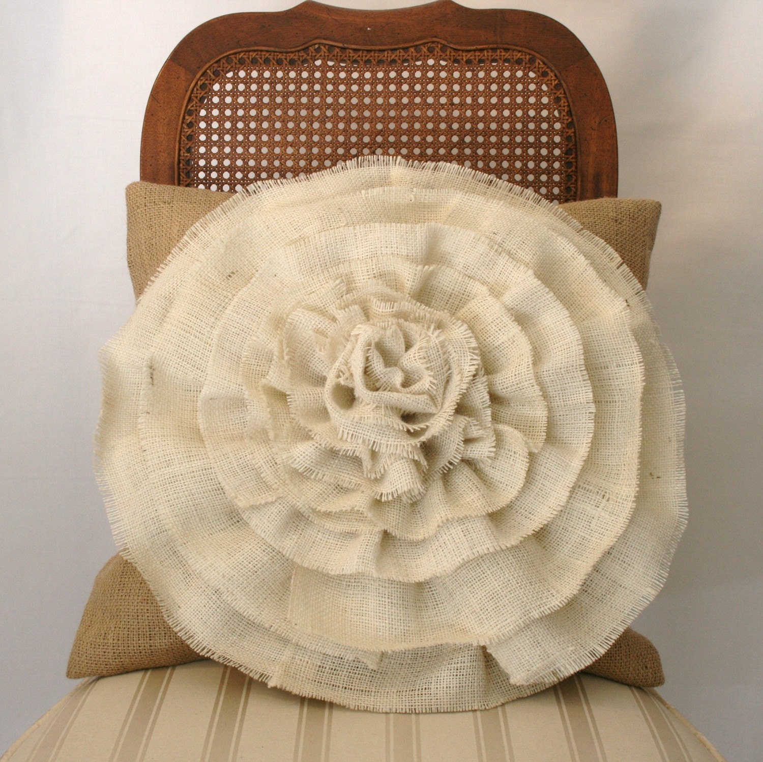 Burlap Throw pillow case with large accent flower 18x18